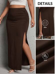 SHEIN PETITE CURVE Plus Size Women Solid Color Pleated Side Slit Hem Casual Sexy Skirt Autumn Going Out Night Brown - Coffee Brown - View 8