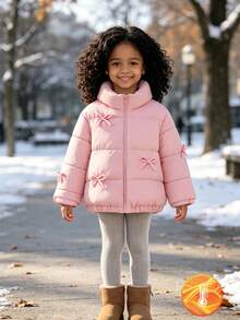 Young Girls Winter Sweet Style Beige Stand Collar Corduroy Padded Coat With Contrast Lining And Button Closure, Thickened Padded Coat - Baby Pink - View 6