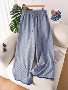 CosyJoli Plus Size Women's Drawstring Waist Plaid Casual Daily Wide Leg Pants Fall - Navy Blue - View 1