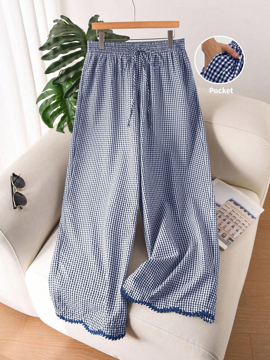 CosyJoli Plus Size Women's Drawstring Waist Plaid Casual Daily Wide Leg Pants Fall - Navy Blue - View 1
