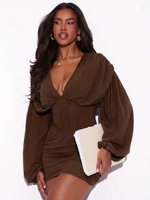 Hauture Women's Corset Draped Hem Chiffon Mini Dress With Balloon Sleeve Sexy Office Wear Old Money - Coffee Brown - View 3
