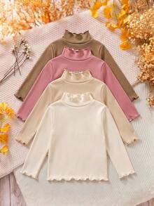 SHEIN 女嬰高領荷葉邊抓絨複合加厚長袖底層衣，4件套，適合冬季 - 彩色 - 查看 2