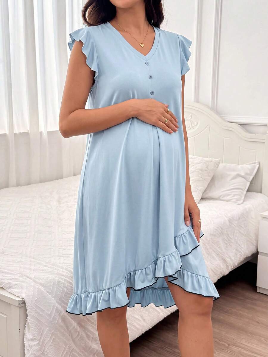 Moonlight&Mama Solid Color V-Neck Decorative Button Asymmetrical Ruffle Hem Patchwork Cap Sleeve Tank Top Maternity Loungewear Dress - Blue - View 1
