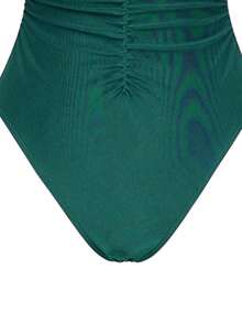 Swim Oasis 2pcs/Set Sexy Solid Color V-Neck Ruched Spaghetti Strap Bandeau One-Piece Swimsuit & Front Twist Split Beach Dress Set - Green - View 4