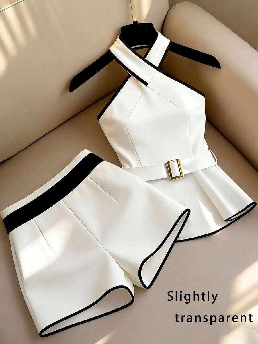 Franclia Elegant Black And White Color Block Two Piece Set For Women,Crisscross Halter Metal Buckle Top & High Waist Slim Shorts,Summer Brunch Outfit Set - Black and White - View 1
