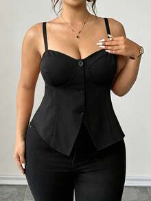 Elenzga Plus Size Elegant Casual Solid Color Spaghetti Strap Camisole, Hemline Split Button Design, Suitable For Daily Wear, Beach Vacation, Date, Party, Spring/Summer - Black - View 6