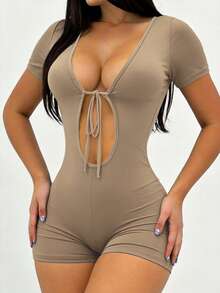 INAWLY Solva Women's Summer Fashion Sexy Solid Color Tie-Strap Short Sleeve Jumpsuit - Khaki - View 3