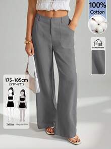 SHEIN Tall 100%水洗棉低腰直筒長褲，適合高個女性 - 灰色 - 查看 4
