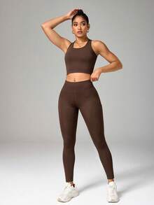 SHEIN Sports 短版背心與緊身褲運動套裝 - 咖啡棕 - 查看 4