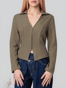PRISCILA ESCOTO PRISCILA ESCOTO 优雅简约军绿色衬衫领前开扣长袖夹克，女式，春秋季 - 軍綠色 - 查看 3