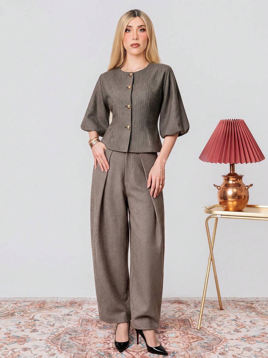 PRISCILA ESCOTO PRISCILA ESCOTO Elegant Retro French Style Women's Romantic Date High-End Design Herringbone Round Neck Cropped Balloon Sleeve Cinched Waist Matel Button Blazer Fall - Multicolor - View 1