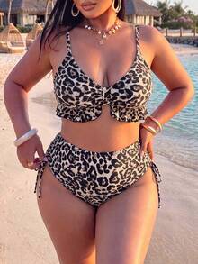 SHEIN Swim Plus Size Women's Summer Beach Leopard Print Sexy Fashion Bikini Two-Piece Swimwear Set - Multicolor - View 4