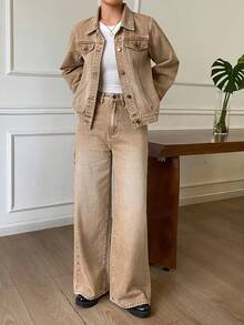 DAZY Women's Solid Color Single-Breasted Long Sleeve Top And Pants Casual Daily Denim Set Fall - Brown - View 4