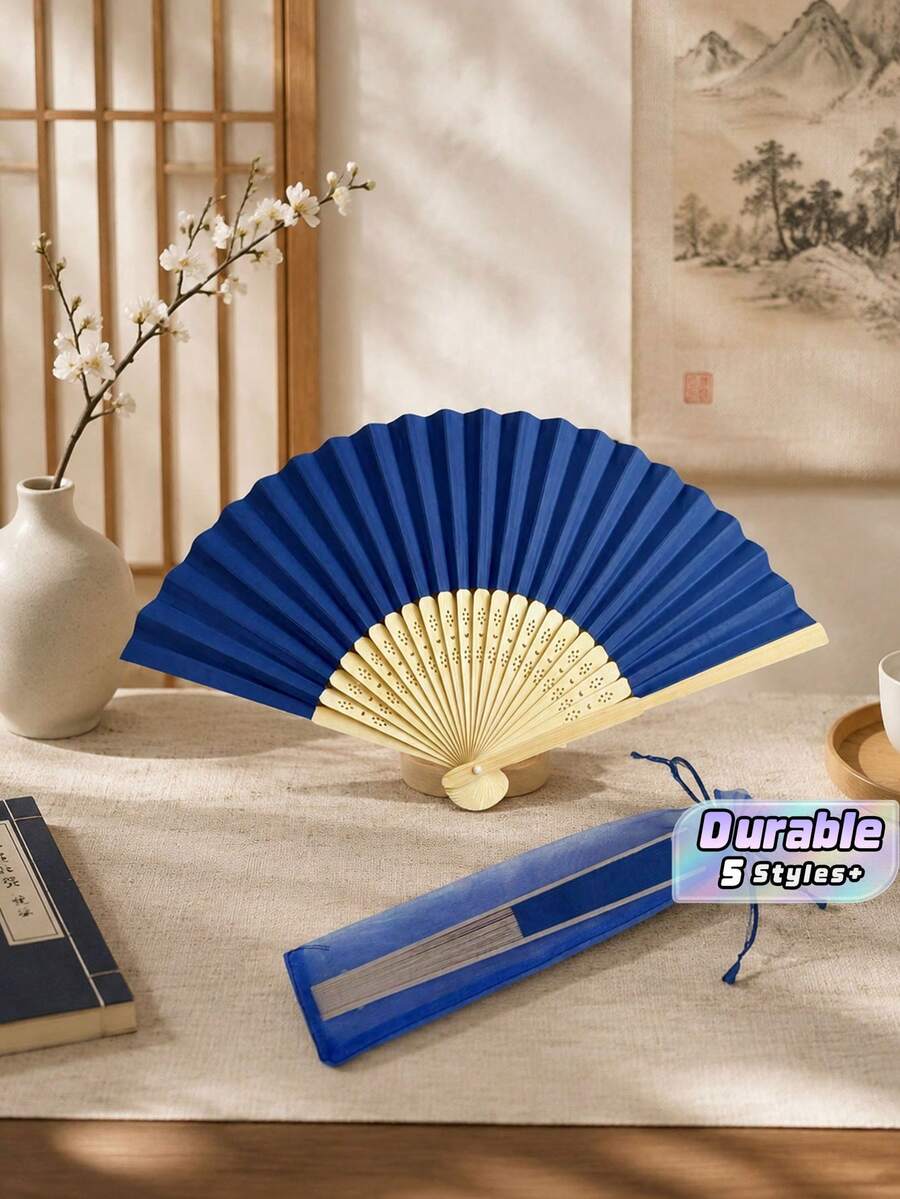 1/5/10/20/50pcs Solid Color Wedding Paper Fans With Bamboo Ribs, Folding Hand Fans Decorated With Bow Satin Ribbons, Available For Wholesale, Foldable Fans As Photo Props For Parties And Weddings (2 Pieces Set) - multicolor - View 1
