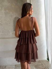 Aloruh Women's Solid Color Spaghetti Strap Backless Multi-Layer Ruffle Mini Dress For Vacation And Beach - Brown - View 2