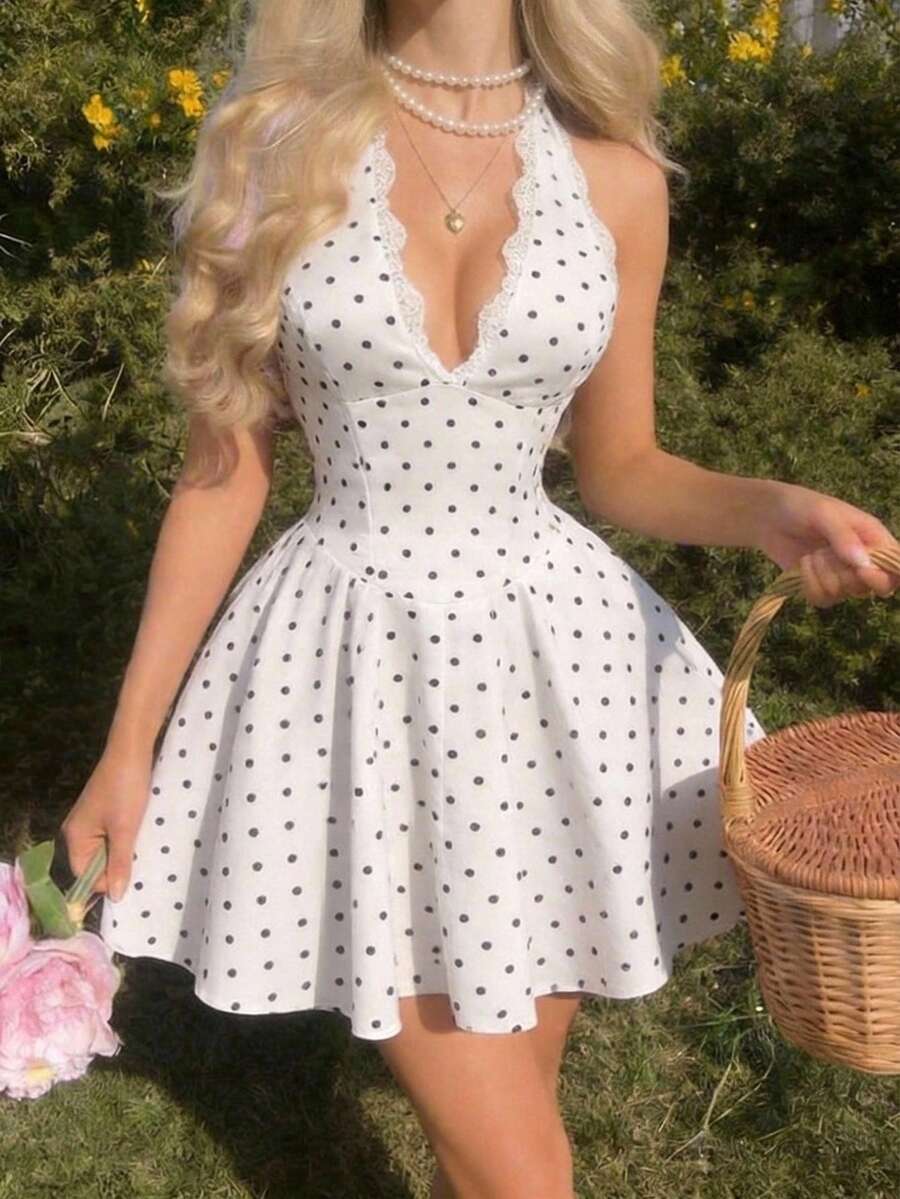 SHEIN MOD Women's White And Black Polka Dot With Polka Dots Mini Dress With Bowknot Design Vacation Party Vacation Summer Retro Cute Vintage 70s 90s - White - View 1