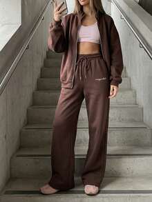 MISSGUIDED Wide Leg Jogger Sweatpants With Drawstring Waist And Script Logo Print Cosy Casual Athleisure Full Length Trousers Autumn Winter Work Dark Brown - Coffee Brown - View 1