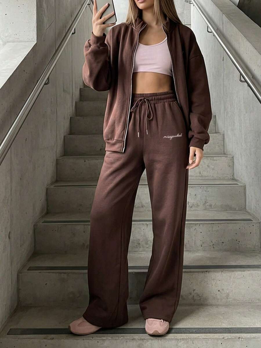 MISSGUIDED Wide Leg Jogger Sweatpants With Drawstring Waist And Script Logo Print Cosy Casual Athleisure Full Length Trousers Autumn Winter Work Dark Brown - Coffee Brown - View 1