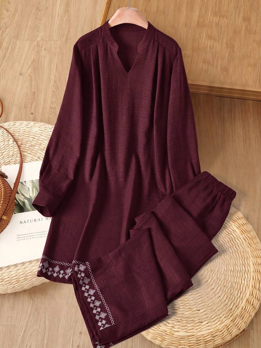 Rusticease 女款度假刺繡長袖上衣與寬鬆長褲兩件套,日常居家服,酒紅色,秋季休閒 - 酒紅色 - 查看 1