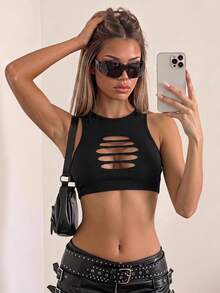 SHEIN ICON Y2k Grunge Black  Cut Out Front Ribbed Knit Crop Tank Top - Black - View 8