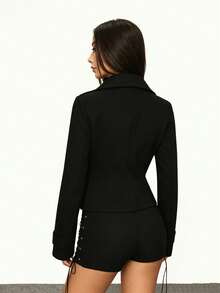 Zavorell Plus Size Fashion Commuter Double-Breasted Overcoat - Black - View 2