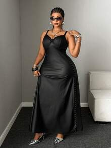 Mawevolt Wet Look Satin Lace Cutout Maxi Slip Dress - Y2K Goth Style - Black - View 3