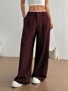 SHEIN Unity Pantalones casuales rectos y estilizantes para mujer - Burdeos - Ver 3