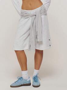 MUSERA Grey Jersey Baggy Stud Detail Jorts Shorts Winter Casual Day Outfit Cool  Grey Womens Jorts - Grey - View 2