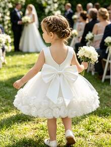 SHEIN Glamorique Kids 女嬰全白薄紗3D花朵洋裝 生日花童派對婚禮公主風 夏季穿搭 優雅可愛學院風 - 白色 - 查看 3