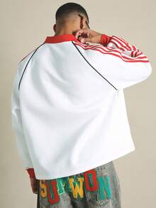 SUMWON Men's Oversized Long Sleeve Rugby Jersey Top With Stripe Sleeves Script Print Collared Pullover - Multicolor - View 2