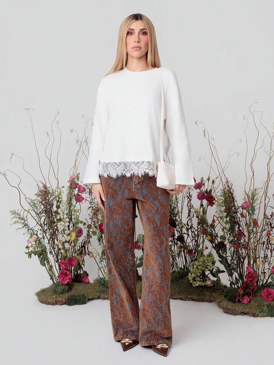 PRISCILA ESCOTO PRISCILA ESCOTO 2026 SS Spitze Patchwork T-Shirt, Damen Casual Urlaubs Party Tops, elegante leichte Strickbluse, Rundhalsausschnitt, Weiß, minimalistisches Design, geeignet für Büro, Lässig, Urlaub, Party