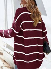 SHEIN Cottnline Striped Pattern Drop Shoulder Cardigan - Pink - View 2