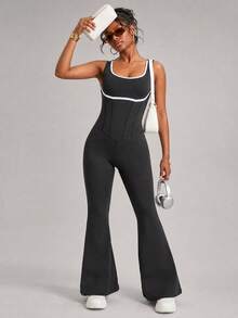 SHEIN Sports Women's Athletic Bodysuit Featuring An Open Back And Minimalist, Contrasting-Color Crisscross Straps - Black and White - View 6