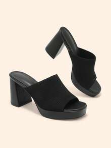 CUCCOO BASICS Ladies Open Toe Sexy Mules Black Knitted Platform Block Heel High Heel Commuter Women's High Heel Sandals - Black - View 1