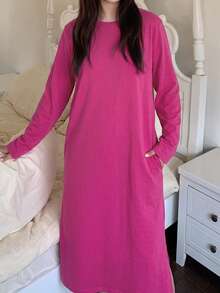 Dazy Plus Letter Print Striped T-Shirt Loose Fit Plus Size Women Spring Summer Loungewear Nightgown - Hot Pink - View 2