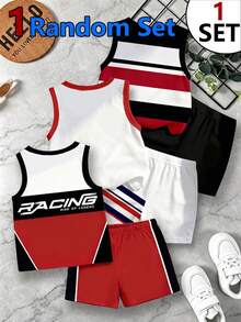 SHEIN Playful Pals 隨機 3 款發 1 套 小男孩休閒簡約條紋 Logo 圖案印花背心與 Logo 圖案印花短褲套裝，適合夏季外出 - 彩色 - 查看 2
