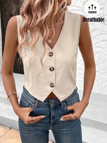 Easowa Women's Solid Color Single-Breasted Casual Vest Shirt - Khaki - View 8