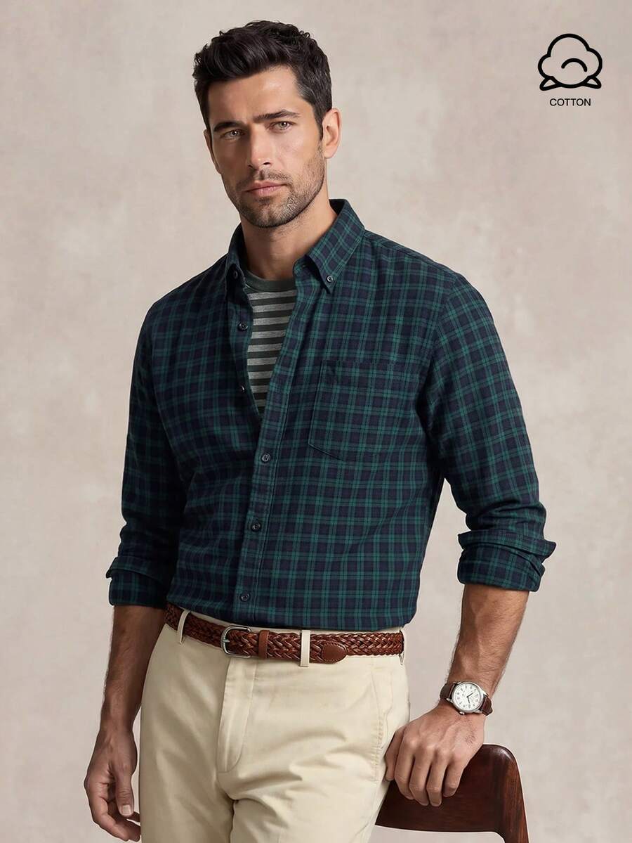 Lornavo Men's Plaid Casual Versatile Daily Wear Long Sleeve Shirt - Royal Blue - View 1
