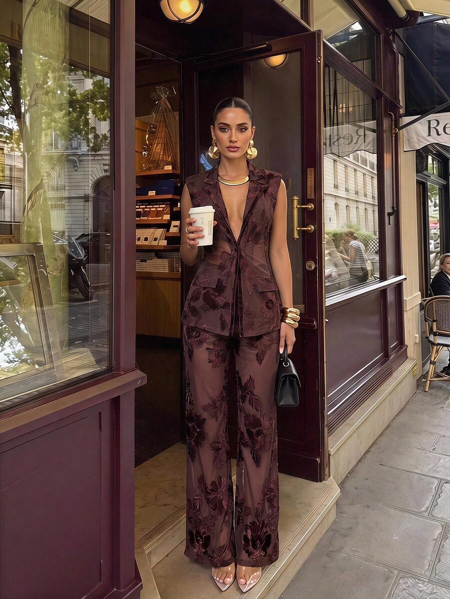 Silquee Women's Brown Embroidered Jacquard Trousers – Versatile, Stylish, And Comfortable For Commuting And Travel (Elegant Business/Workwear) - Coffee Brown - View 1