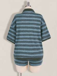 SHEIN ICON 大码女式条纹短袖T恤和短裤休闲套装 - 藍色 - 查看 2