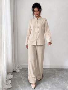 Elenzga Off-White Washed Textured Linen Chinese Style Stand Collar Frog Button Top & Wide Leg Pants Set, Zen Chinese Style Daily Commute & Tea Party Outfit - Apricot - View 7
