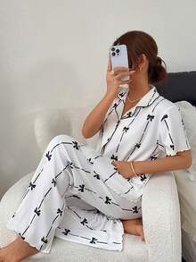 Napfluff Bow Print Lapel Short Sleeve Top And Long Pants Pajama Set - White - View 6