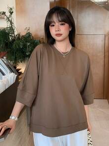 Dazy Plus Solid Color Loose Casual Front Short Back Long Hem Split Design Pullover 3/4 Sleeve T-Shirt For Spring Summer Autumn - Brown - View 5
