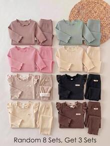 SHEIN Baby Girl Knitted Solid Color Letter Patchwork Ruffle Hem Casual T-Shirt And Long Pants 6-Piece Set, Fleece Lined Brushed Thick Fabric, Suitable For Winter - Multicolor - View 9