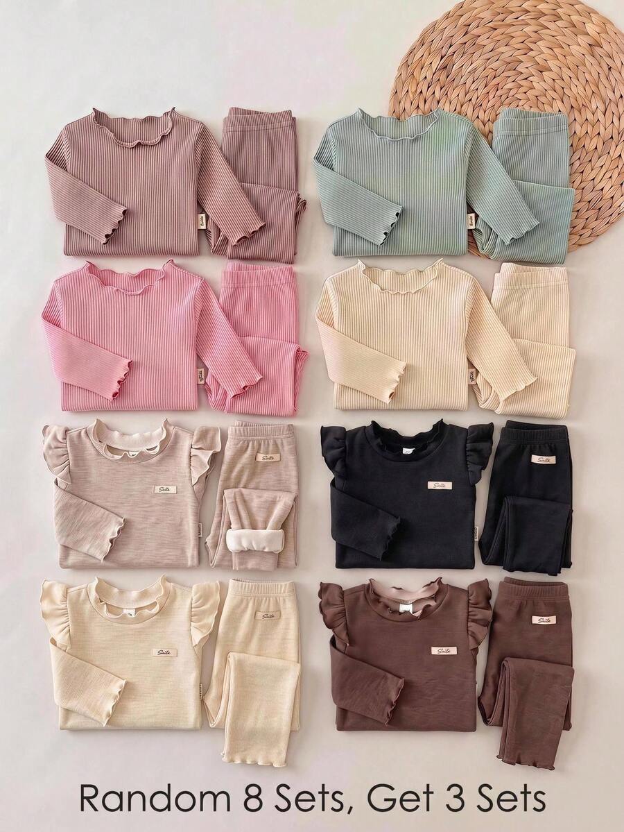 SHEIN Baby Girl Knitted Solid Color Letter Patchwork Ruffle Hem Casual T-Shirt And Long Pants 6-Piece Set, Fleece Lined Brushed Thick Fabric, Suitable For Winter - Multicolor - View 1