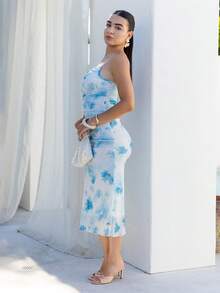 Andrea Bello 夏季淺藍色花卉鄉村風野餐褶皺洋裝，夢幻褶皺印花女款洋裝，適合度假、約會、派對、舞會、節慶，優雅風格 - 淺藍色 - 查看 5