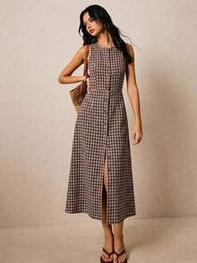 Poéselle Women's Plaid Button-Front Waist-Cinching Slim Fit Long Dress, Commuter Office Wear, Summer Outing Outfit - Coffee Brown - View 8