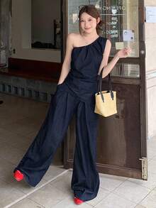 DAZY 女款夏季休閒街頭風單肩上衣與牛仔褲套裝，可愛日常白天穿搭，海軍藍，適合日場派對 - 白色 - 查看 8