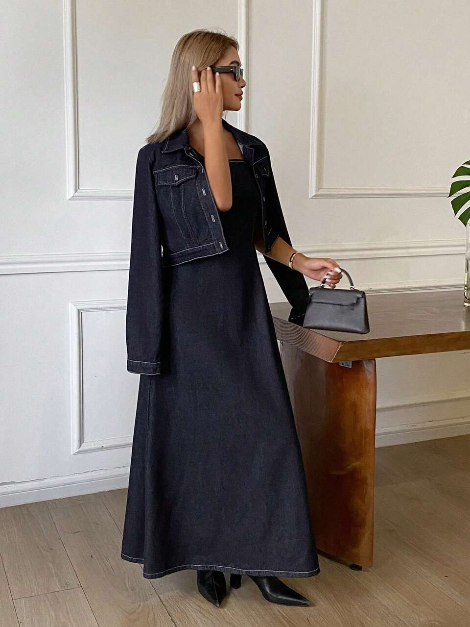 Autumn/Winter Blue Short Denim Jacket With Large Pockets And High-Waist Straight-Leg Denim Skirt, Loose Casual Vacation Commute Office Women's Denim Set