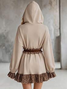 LUMIGAL Sweatshirt Lengan Panjang Kasual Wanita Motif Leopard Patchwork dengan Tudung untuk Sehari-hari - Khaki - View 2